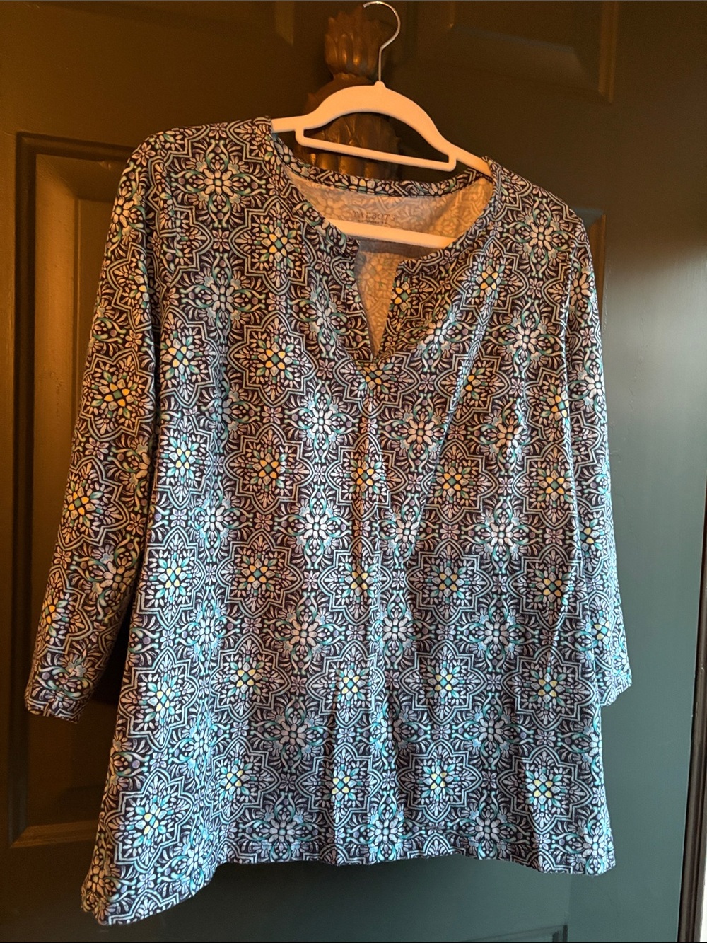Talbots Blue and White Floral Geometric Long-Sleeve Tunic